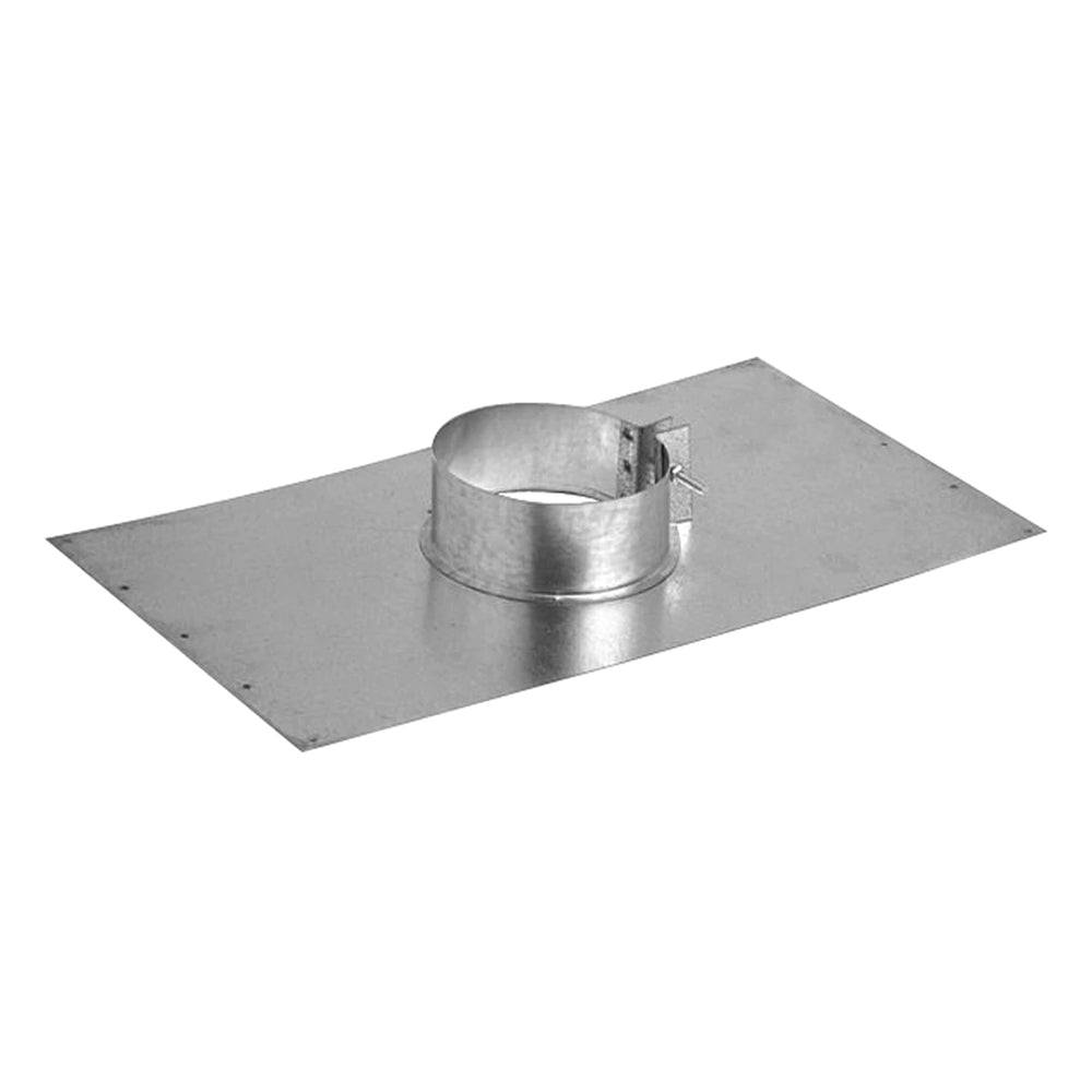 Metal support plate with round vent collar and flashing, silver finish