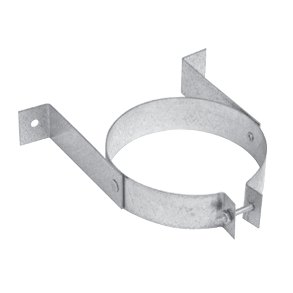 Metal wall support bracket with circular clamp and mounting tabs, for vent