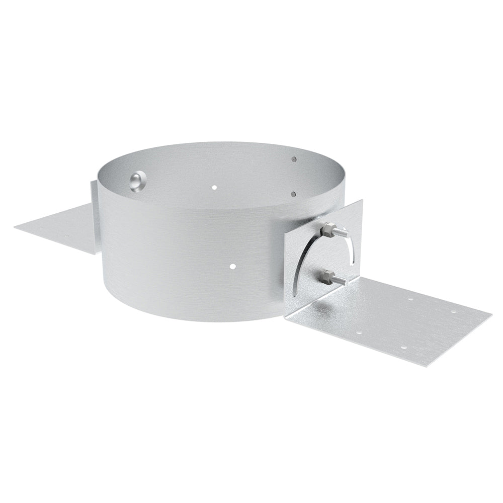 Adjustable roof support for 7-inch chimney, silver metal collar with mounting tabs