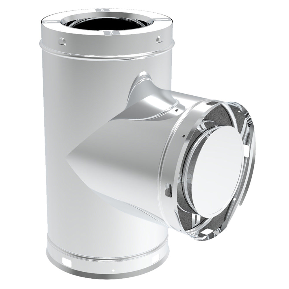 Stainless steel chimney tee with cap, angled outlet and round mounting collar