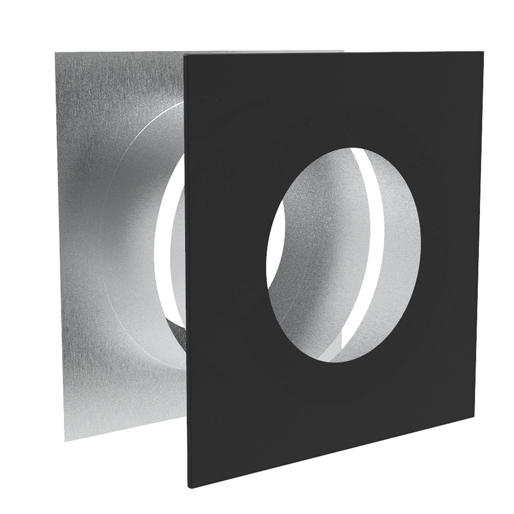 Non-insulated wall firestop plate with round chimney opening, dark and silver metal