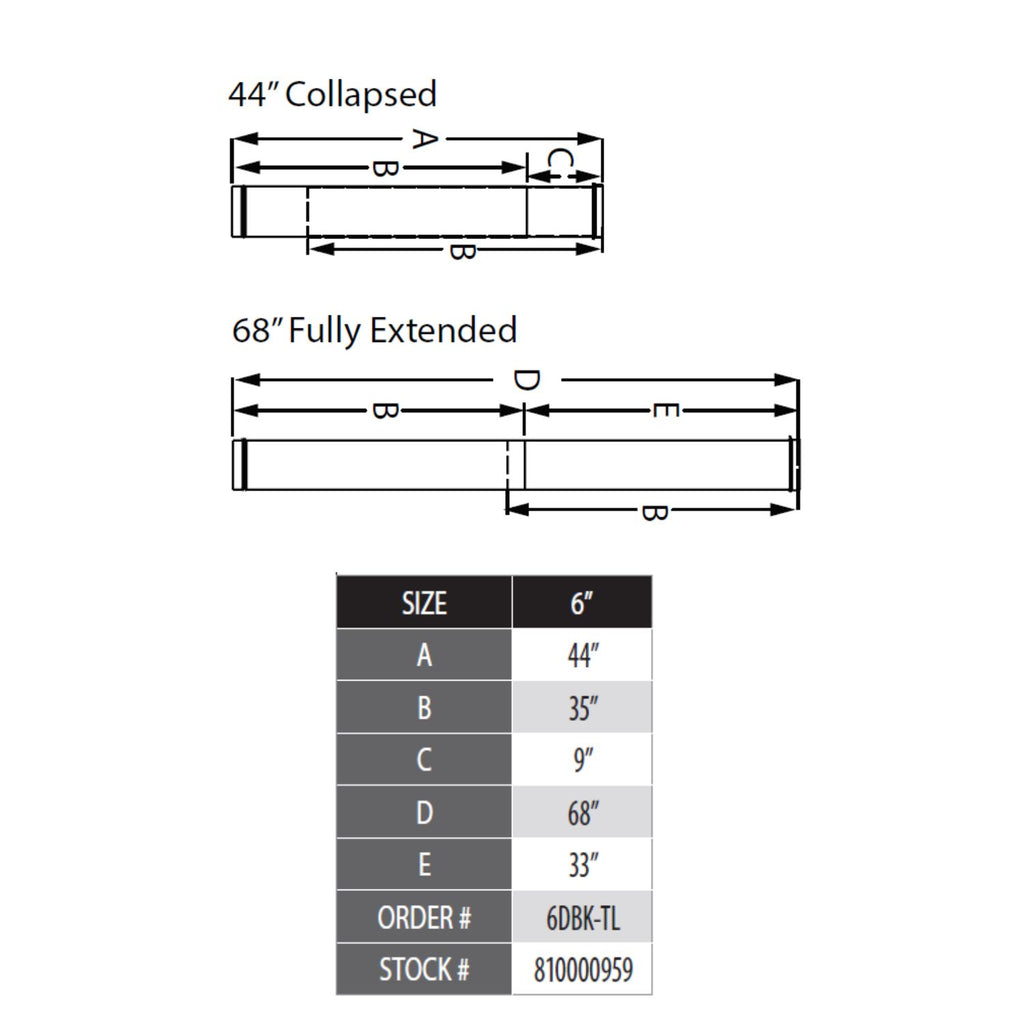 Telescoping flue length diagram showing 44 in collapsed and 68 in extended, size chart