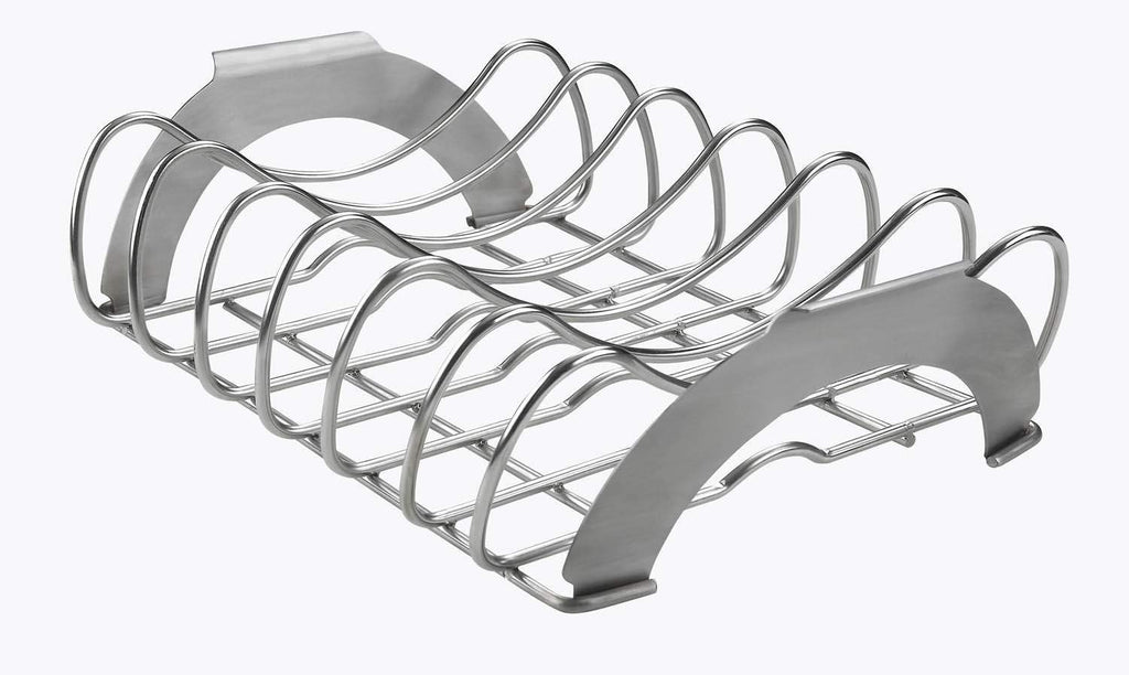 Stainless steel rib and roast rack with curved wire bars and lift handles