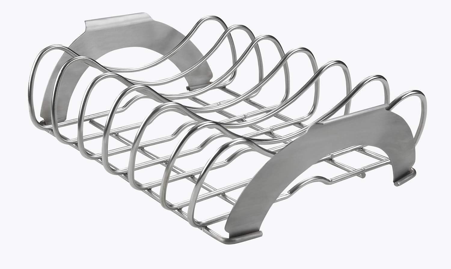 Stainless steel rib and roast rack with curved wire bars and lift handles