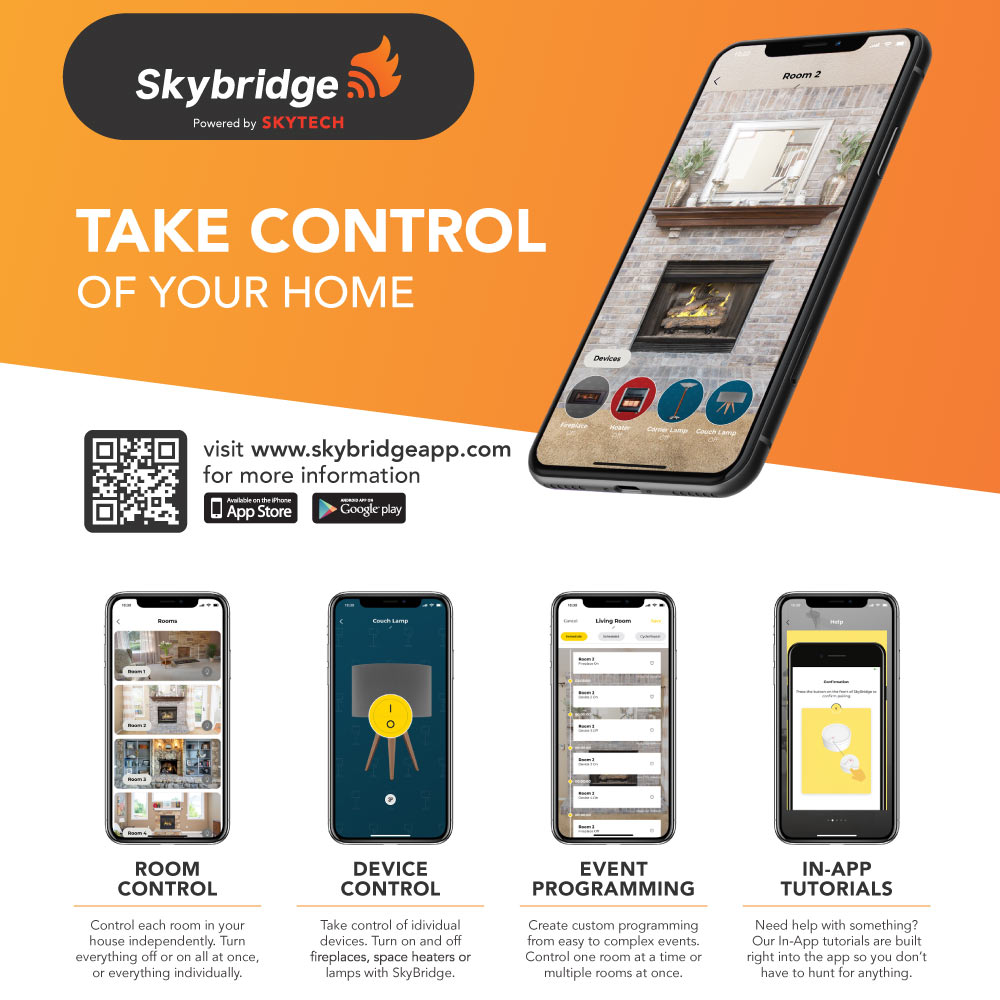 Smart fireplace remote app control screen with room, device, event and in-app tutorial panels