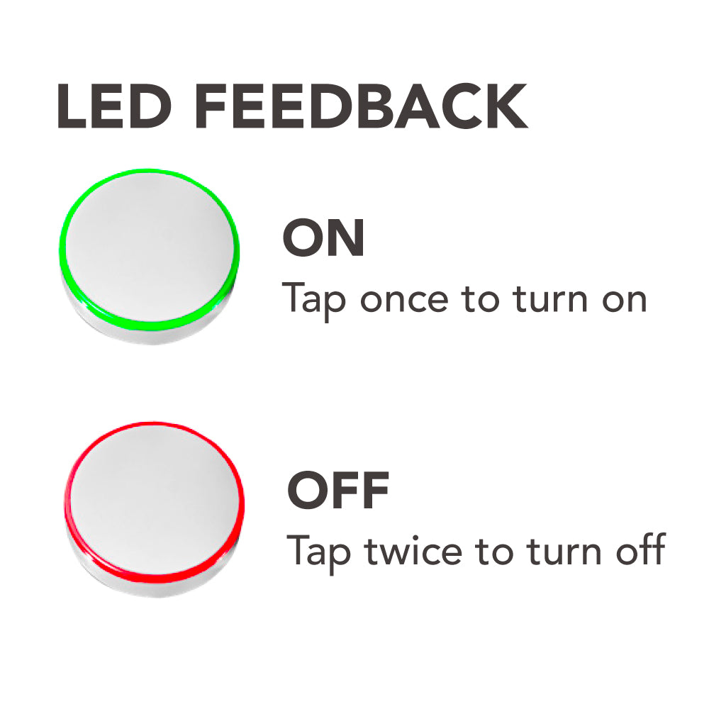Remote fob with green and red LED rings for ON and OFF tap feedback