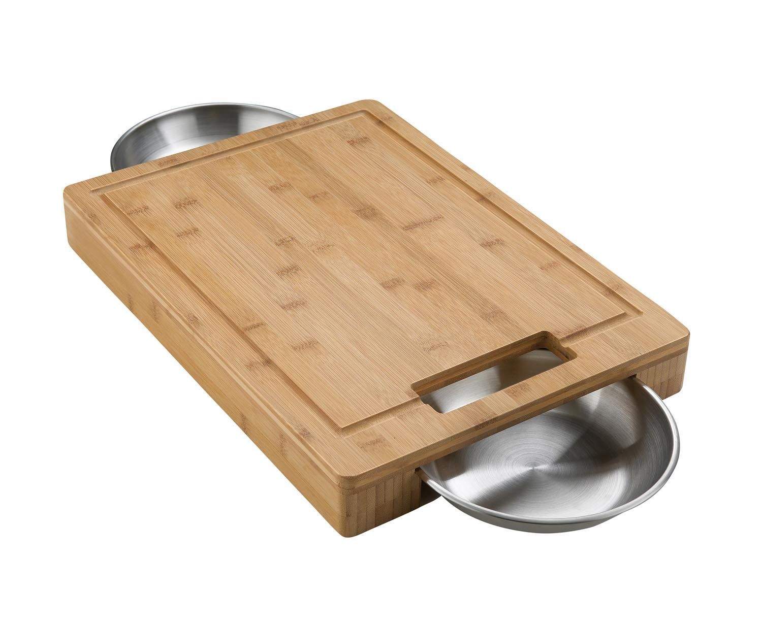 Wood cutting board with stainless steel bowls and side handle