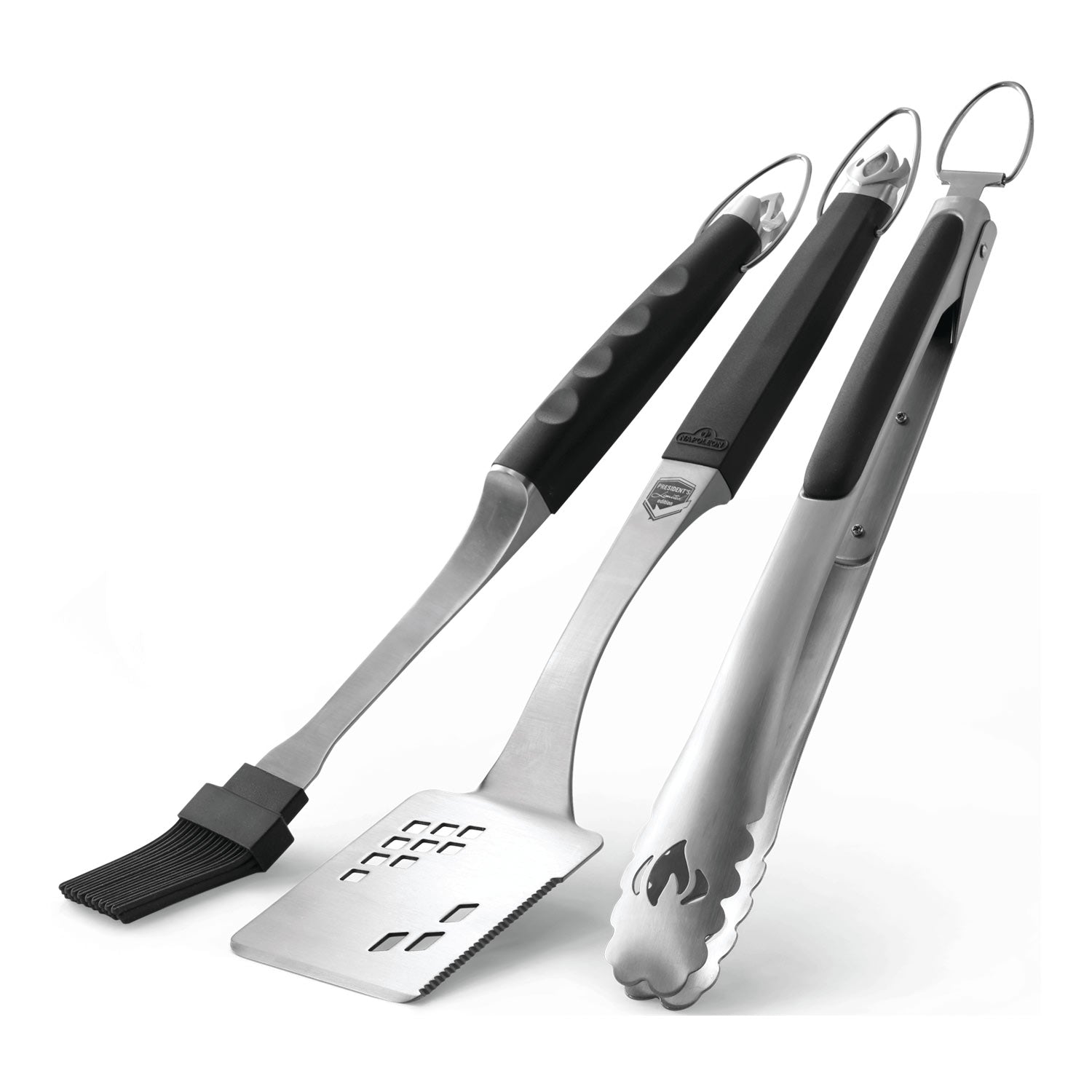 Napoleon 3-piece grill tool set with spatula, fork, and grill brush
