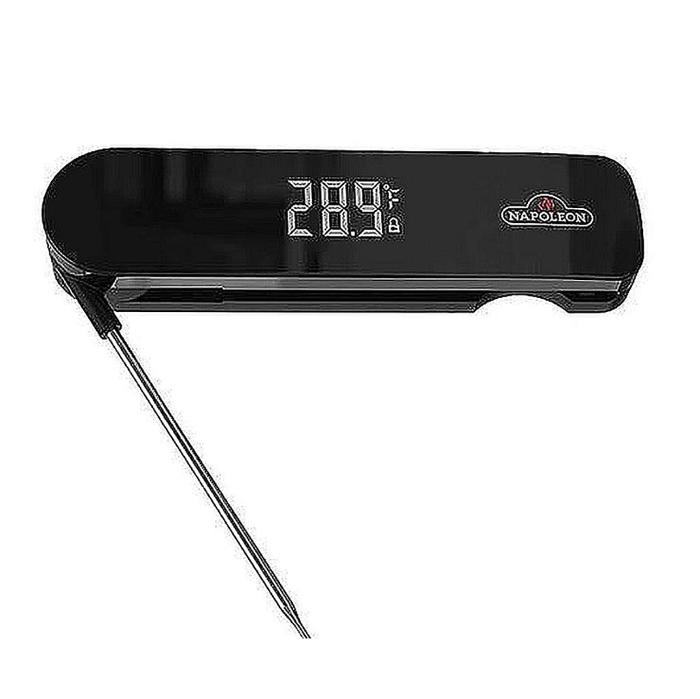 Fast-read digital thermometer with black probe and Napoleon logo, LCD temperature display