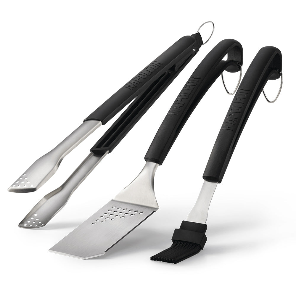 3-piece grilling tool set with black handles and stainless-steel spatula and tongs