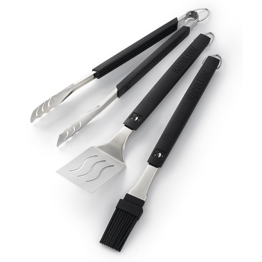 3-piece BBQ tool set with stainless steel tongs and spatulas, black non-slip handles