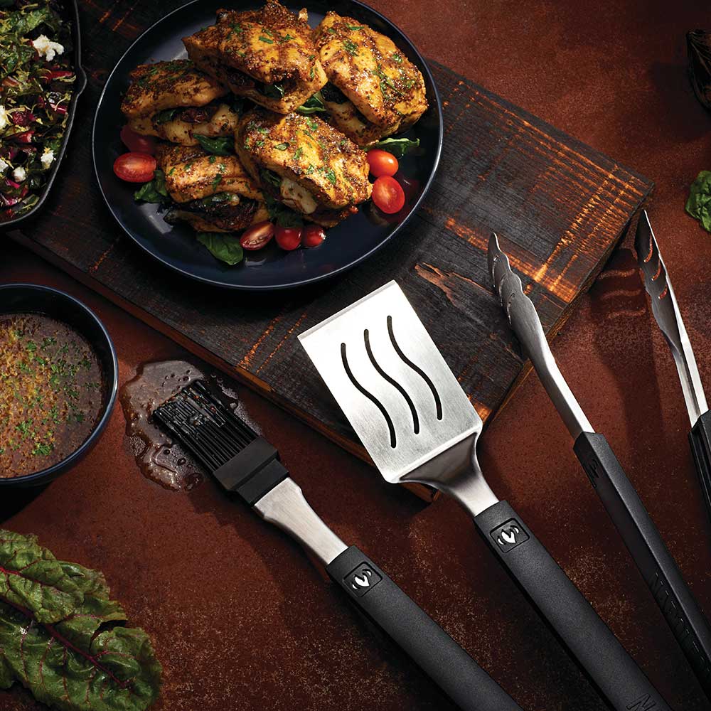 BBQ tool set with stainless grilling spatula, slotted turner, and tongs with black grips
