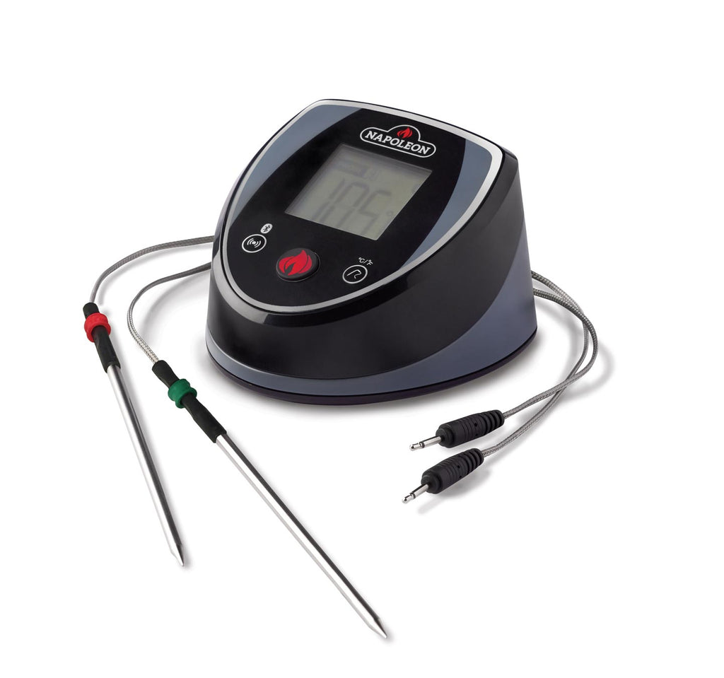 Bluetooth thermometer base with LCD display, two stainless steel probes, and cables