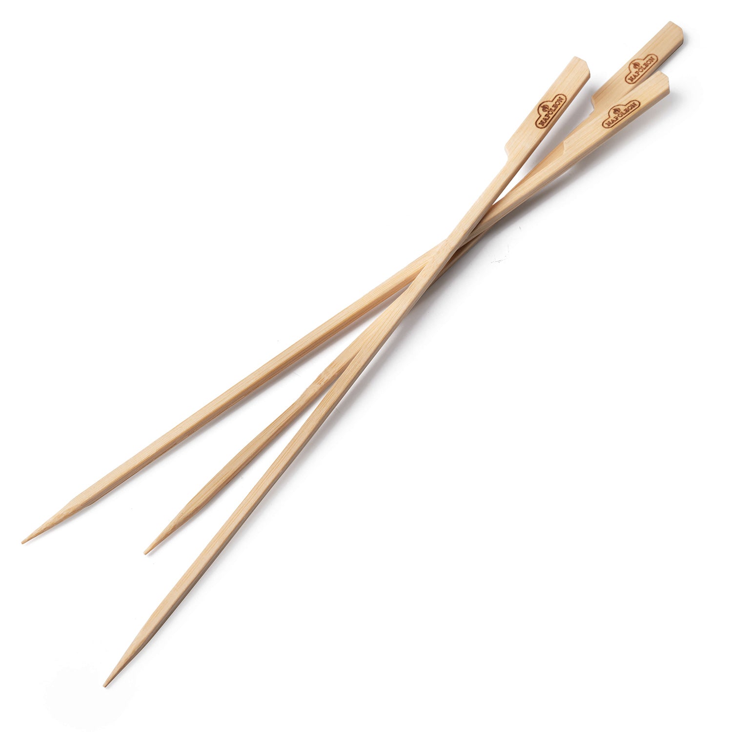 Light wood bamboo skewers with pointed ends and stamped logo tips