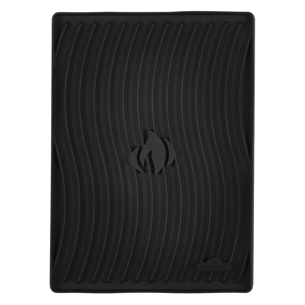 Black silicone side shelf mat with ribbed texture and molded corner grips