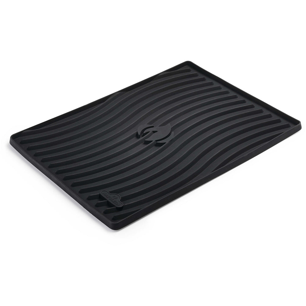 Black silicone side shelf mat with raised ridges and corner tabs