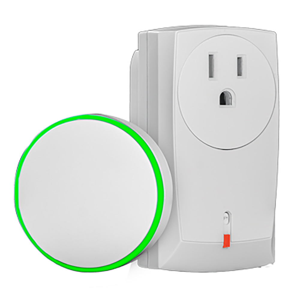 Plug-in electric remote receiver with round outlet and green LED ring key fob