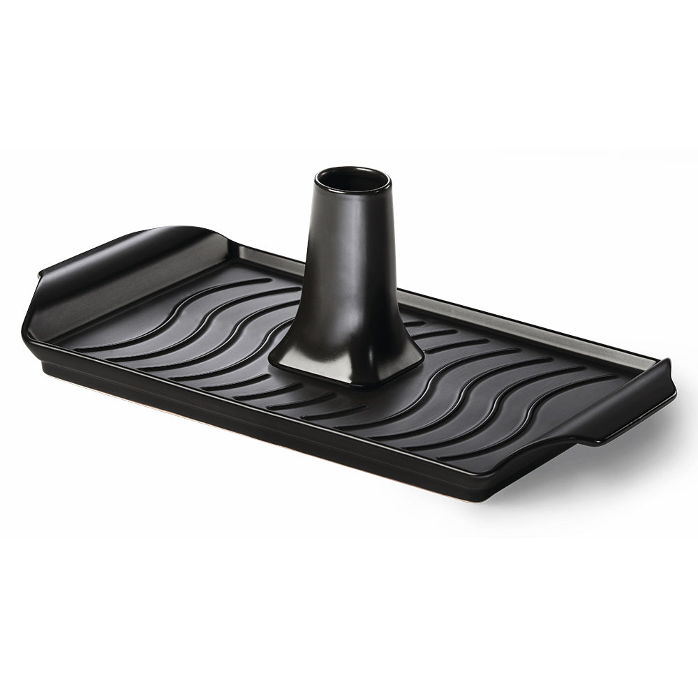 Black ceramic roasting pan with beer-can chicken roaster insert and ridged tray