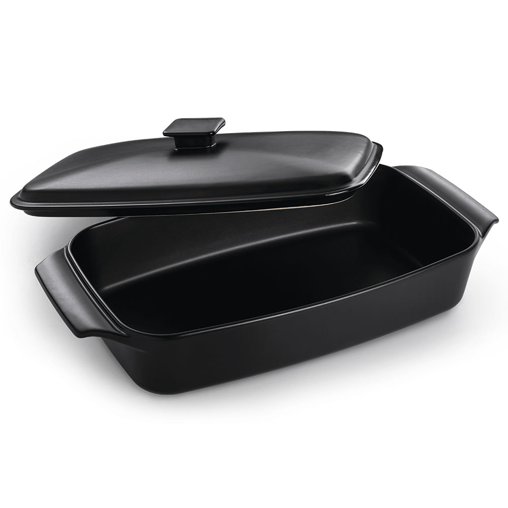 Black ceramic casserole dish with matching lid, rectangular shape