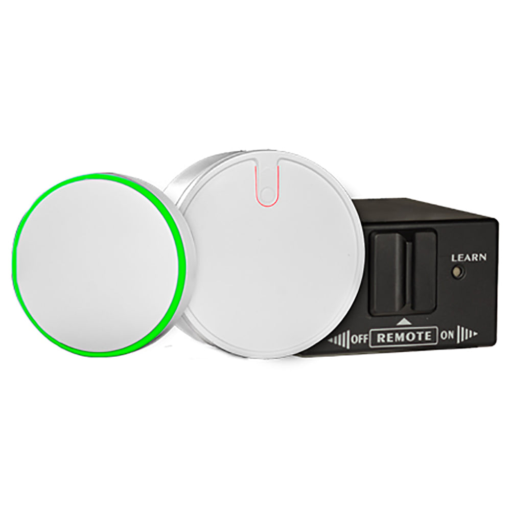 Bluetooth fireplace remote control with two round buttons, green ring indicator and Learn area