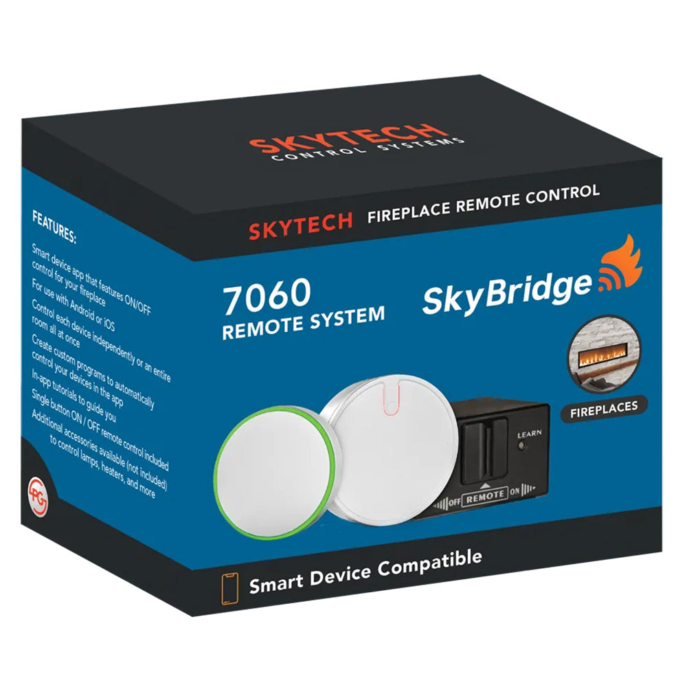 Fireplace remote control box with SkyBridge 7060 branding and remote button photo