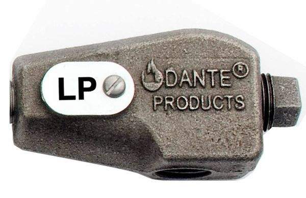 Gas lighter burner mixer valve with LP marking and DANTE PRODUCTS label, dark metal