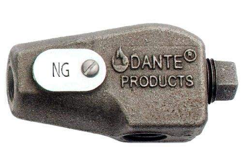 Gas lighter burner mixer valve with NG marking and DANTE PRODUCTS label, dark metal