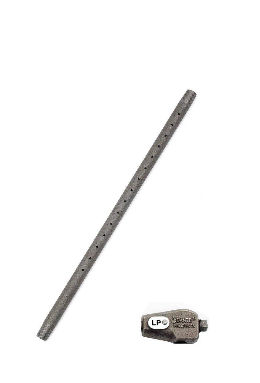 Gas fireplace lighter burner pipe with mixer valve, dark metal tube and LP marking