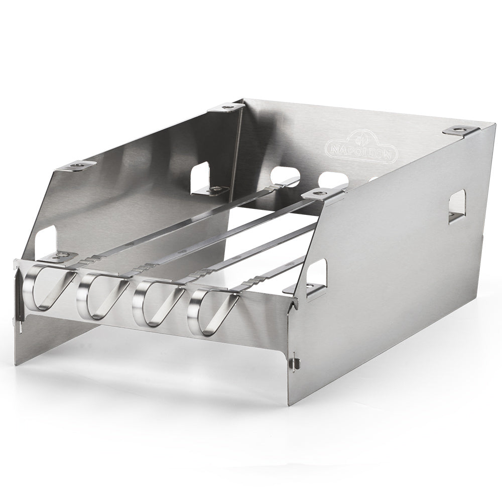 Stainless steel side burner windshield with skewer rack and round holder pegs