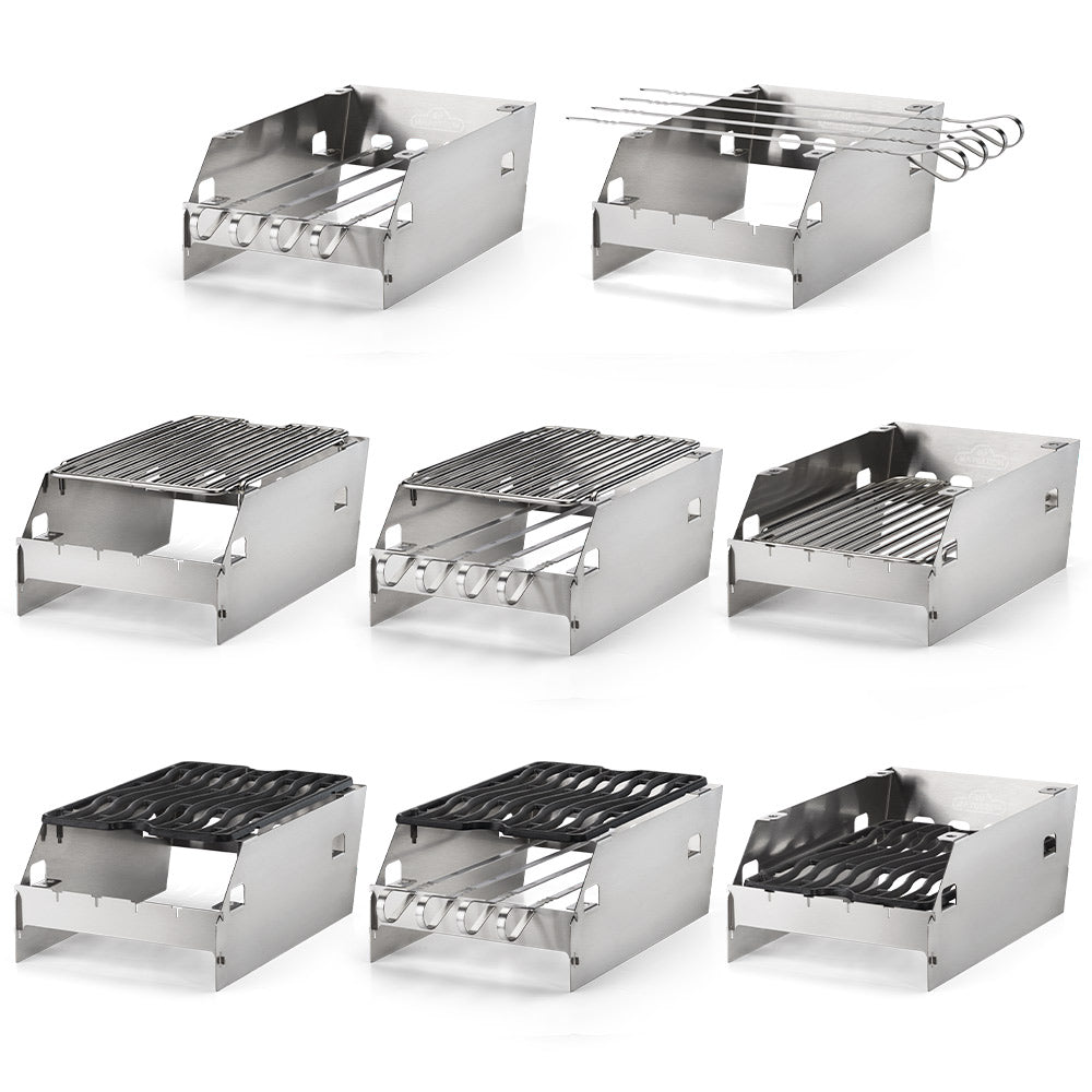 Stainless steel side burner windshield and skewer rack shown from multiple angles