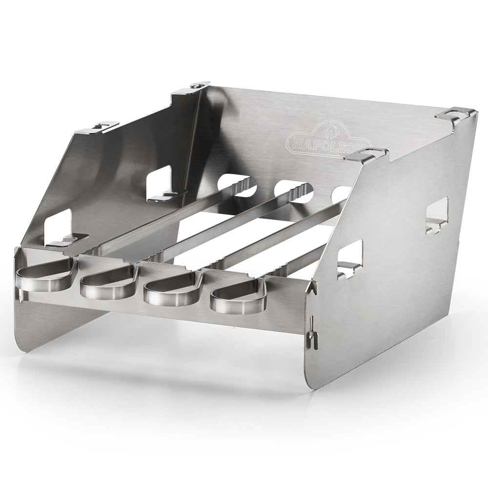 Small stainless skewer rack with side burner windshield, metal grill accessory