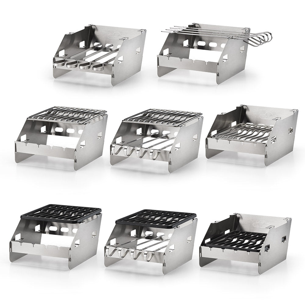 Stainless side burner windshield and skewer rack, shown from multiple angles