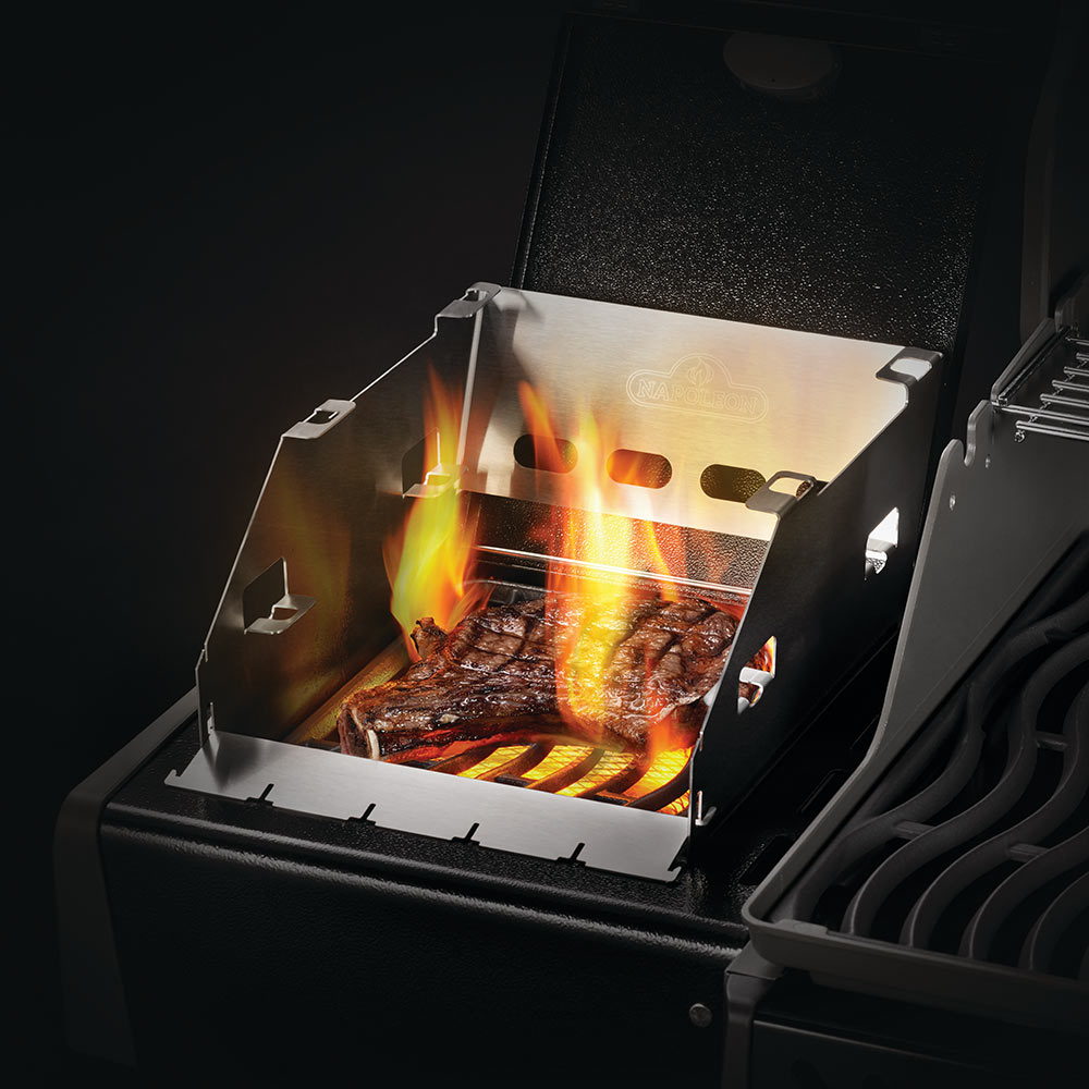 Skewer rack with side burner windshield, metal grill accessory during cooking flames