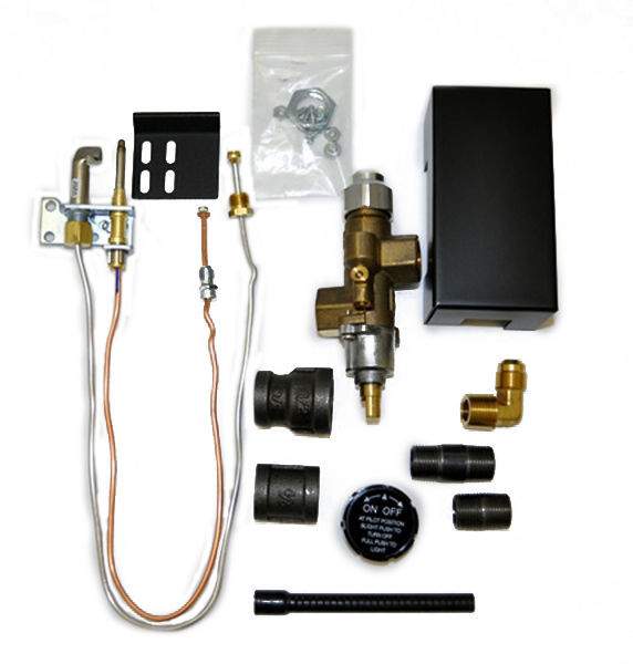 Safety pilot kit with brass gas valve assembly, black fittings, wiring, and on/off switch