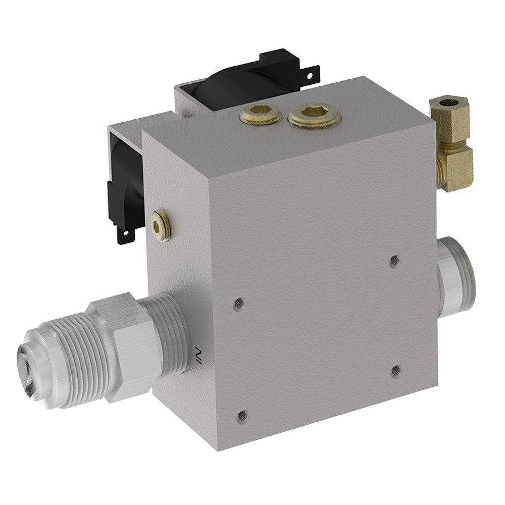 Gas valve with electrical terminals and brass fittings, gray metal body