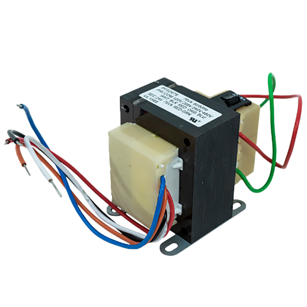 Electrical transformer with black housing and yellow wires, 75VA 24VAC