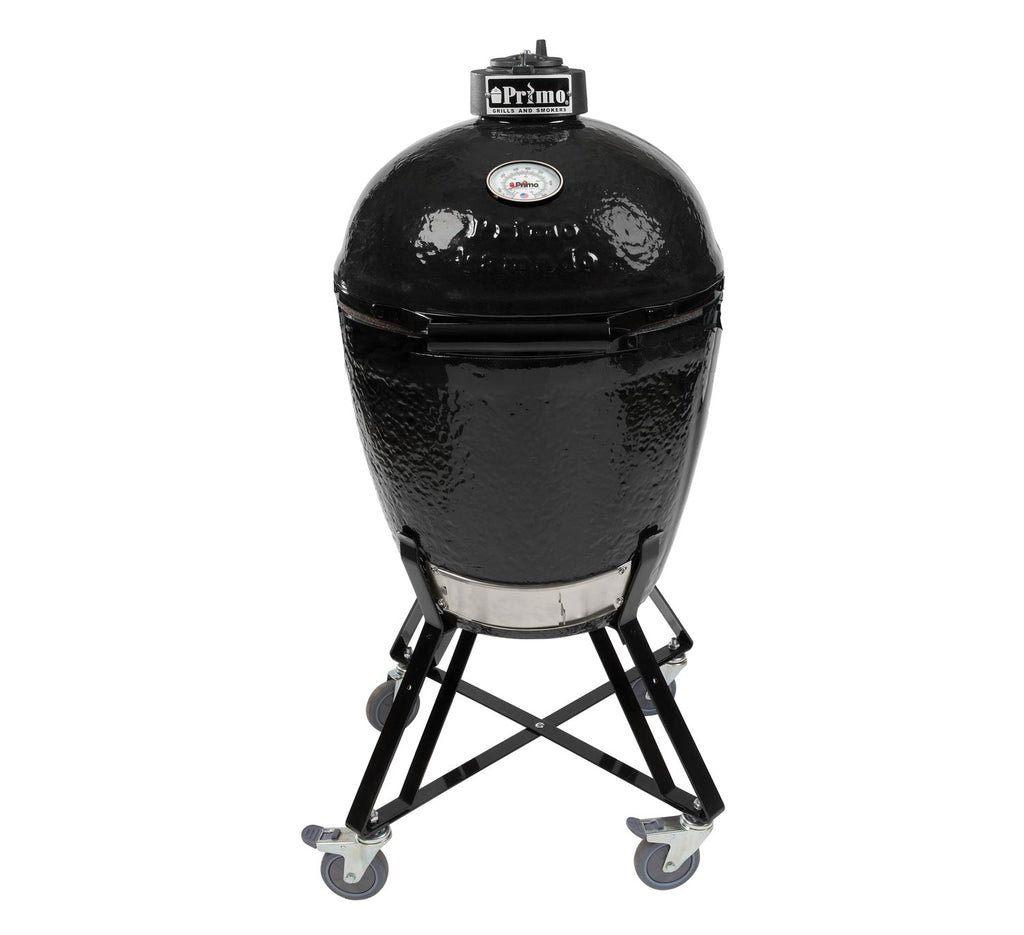 Round ceramic charcoal kamado grill on wheeled cradle, black dome and base.