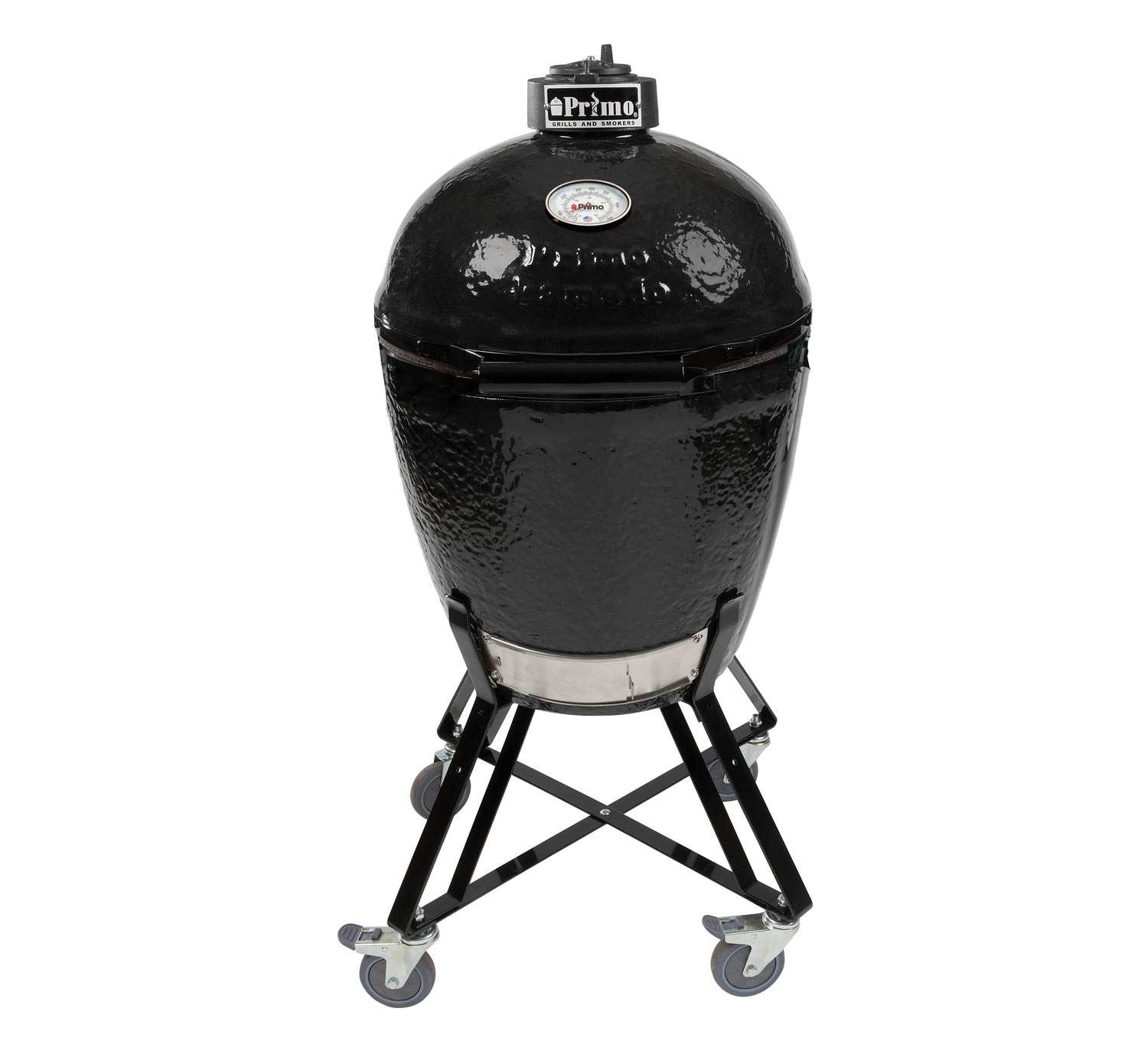 Round ceramic charcoal kamado grill on wheeled cradle, black dome and base.
