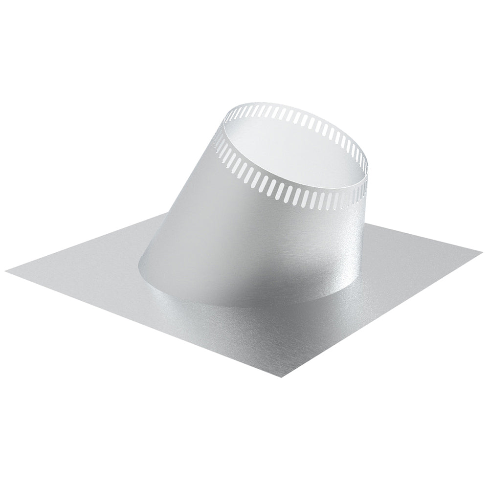 Metal chimney roof flashing with round collar and flat base, silver