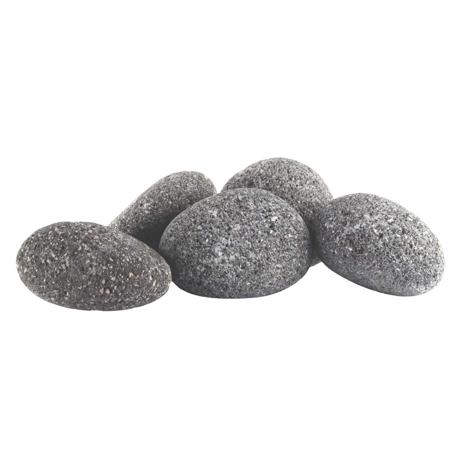 Rolled dark gray lava stones with rough speckled texture