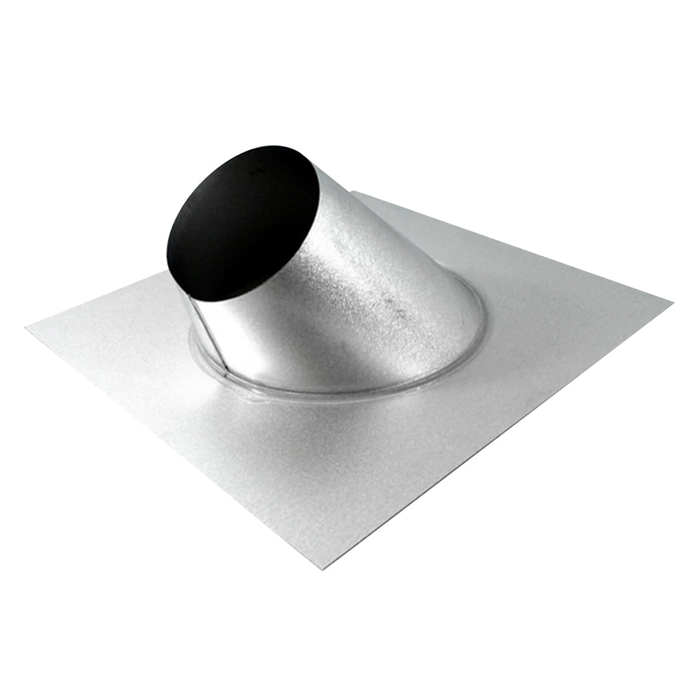 Metal pitch roof flashing with black rubber collar and round vent opening