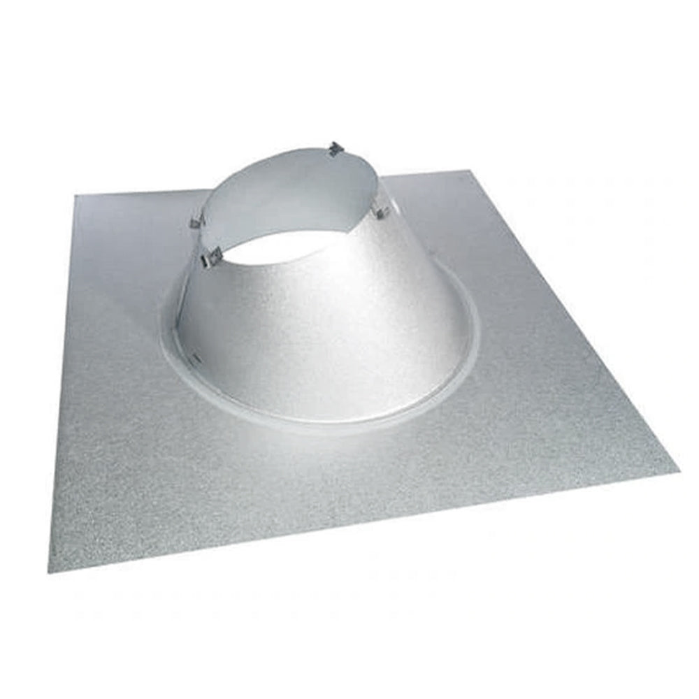 Roof flashing with round collar for pitched roofs, gray metal.
