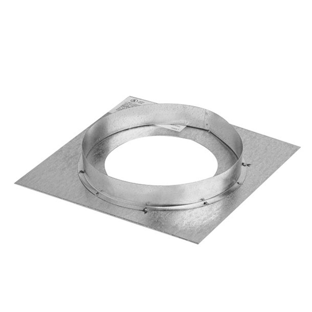 Rigid vertical firestop flashing with round duct opening, square metal plate
