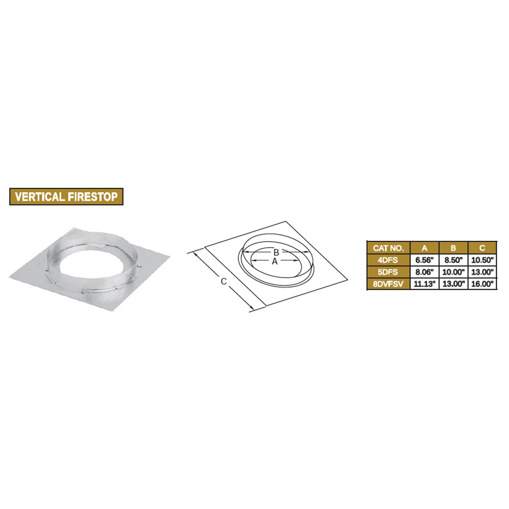 Rigid vertical firestop flashing with round opening, shown with size diagram