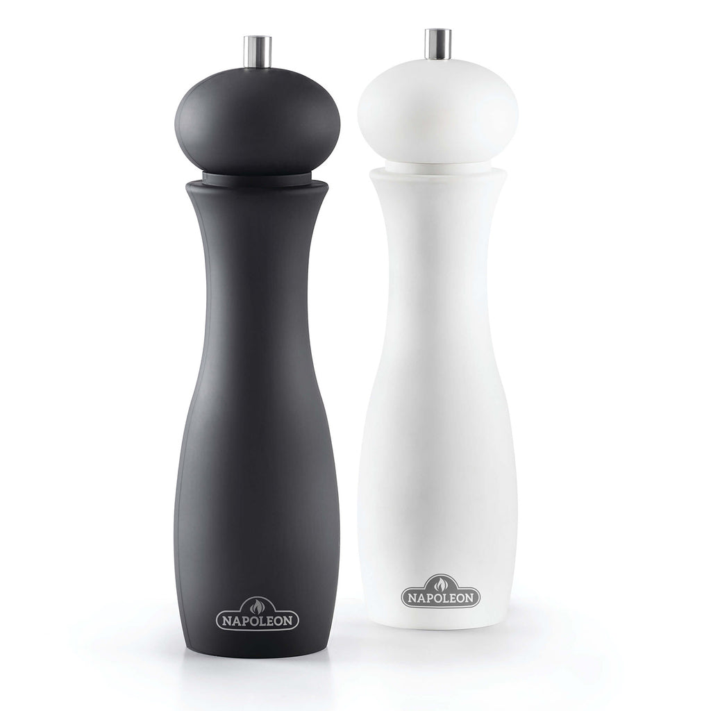 Salt and pepper grinder set, black and white with dome tops