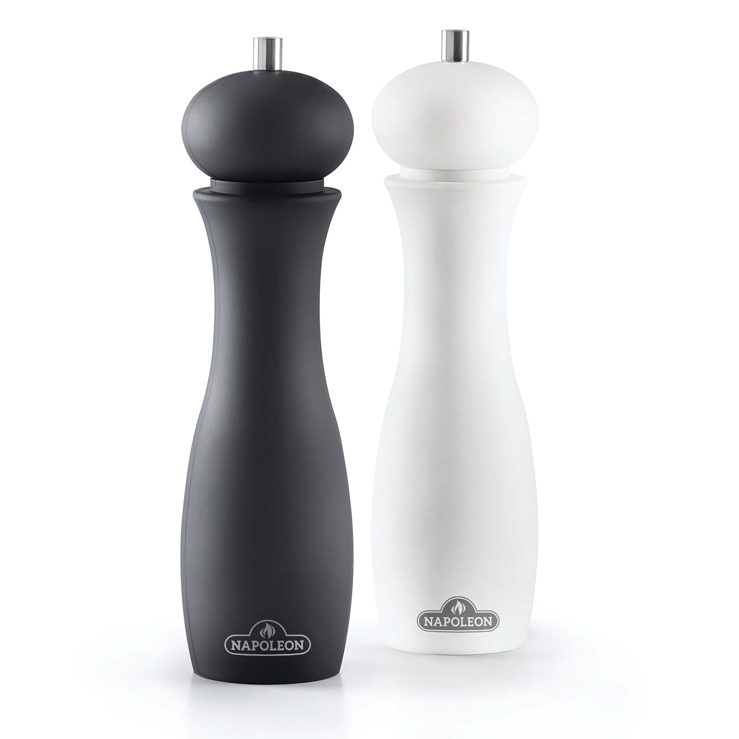 Salt and pepper grinder set, black and white with dome tops