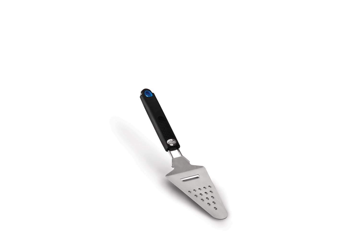 Perforated pizza peel with blue handle, stainless steel blade