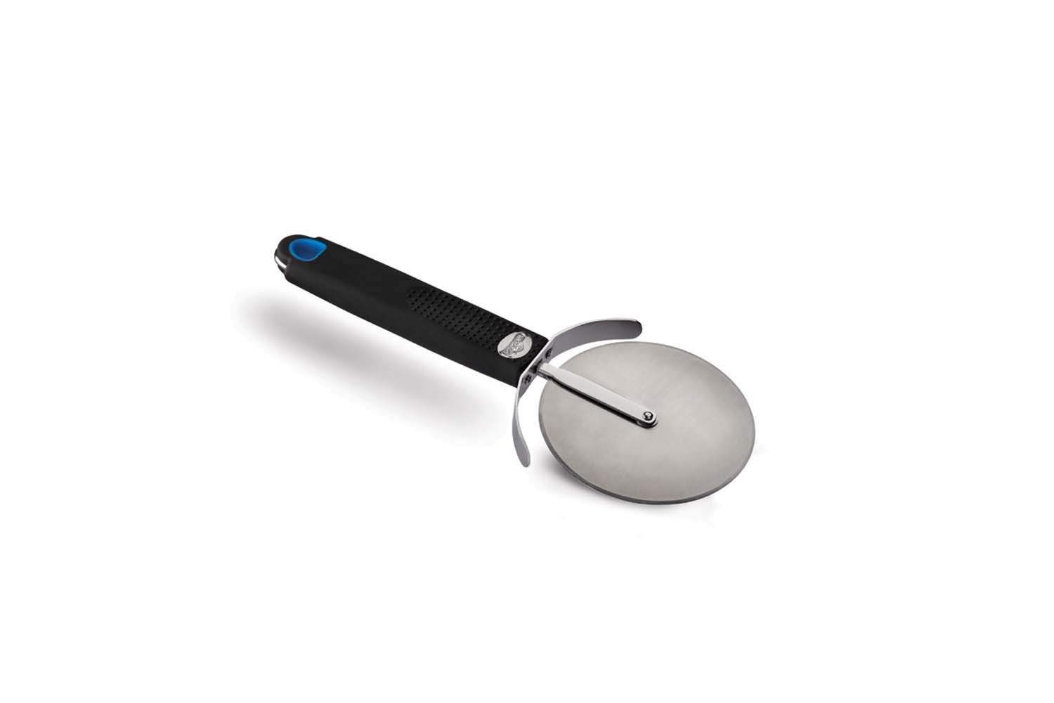 Pizza cutter with circular wheel and black handle with blue detail
