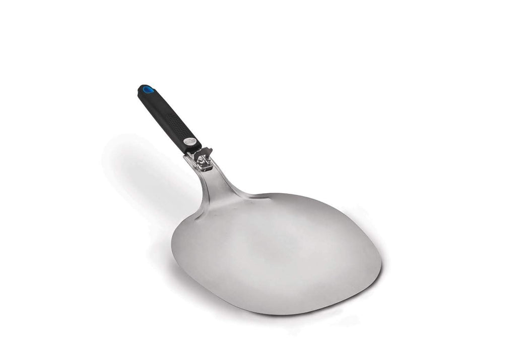 Round pizza paddle with black handle and stainless steel head