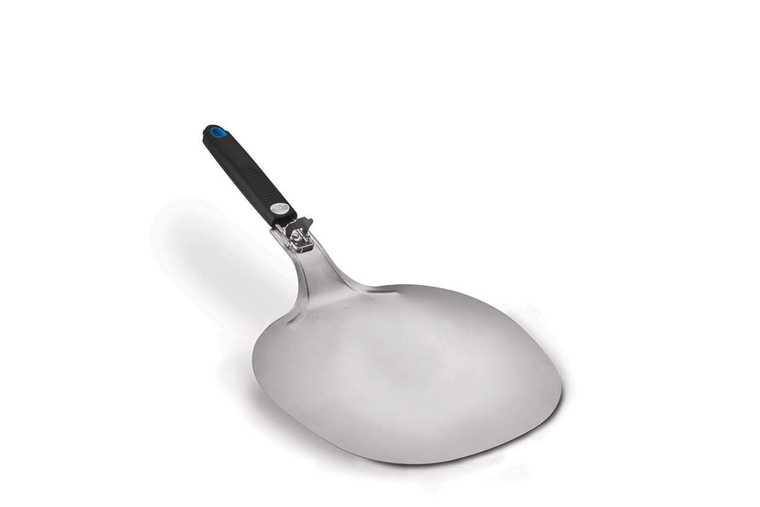 Round pizza paddle with black handle and stainless steel head